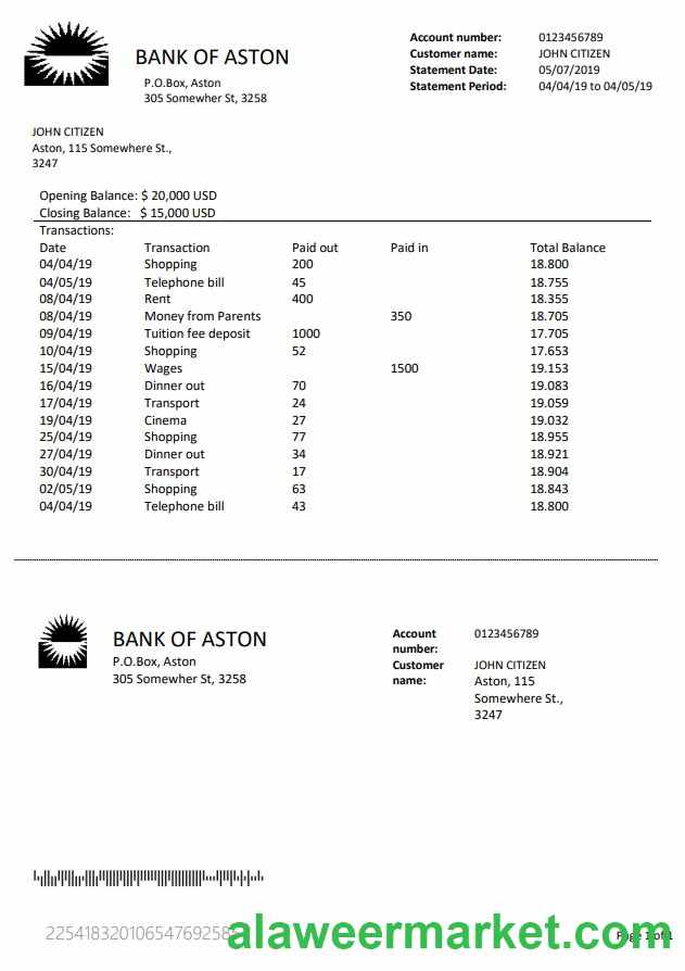 United Kingdom Bank of Aston bank statement template in Word and PDF format, good for address prove